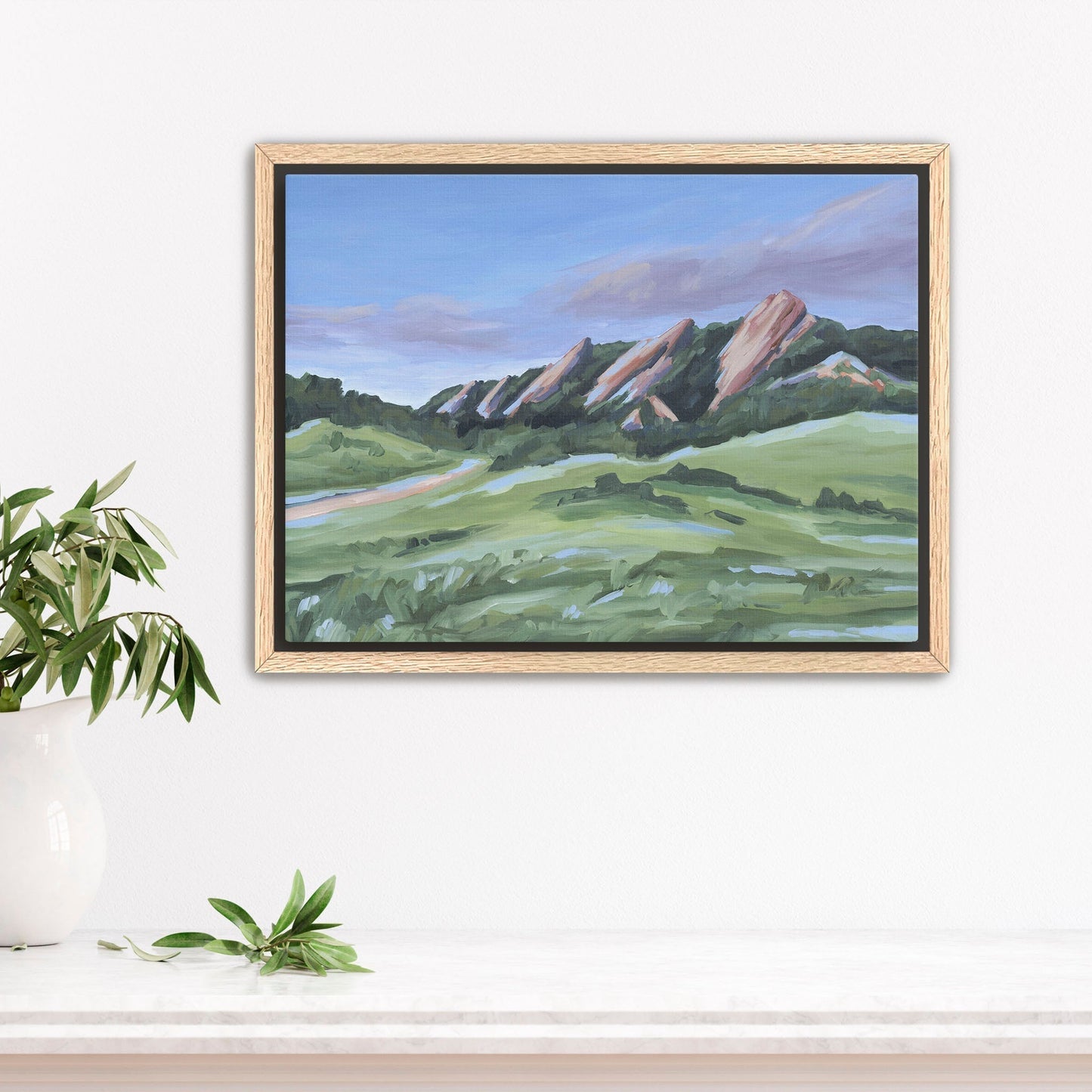 ’Evening at the Flatirons’ 8x10 Stretched Canvas Art Print with Oak Frame || Final Sale - Boulder Colorado Wall