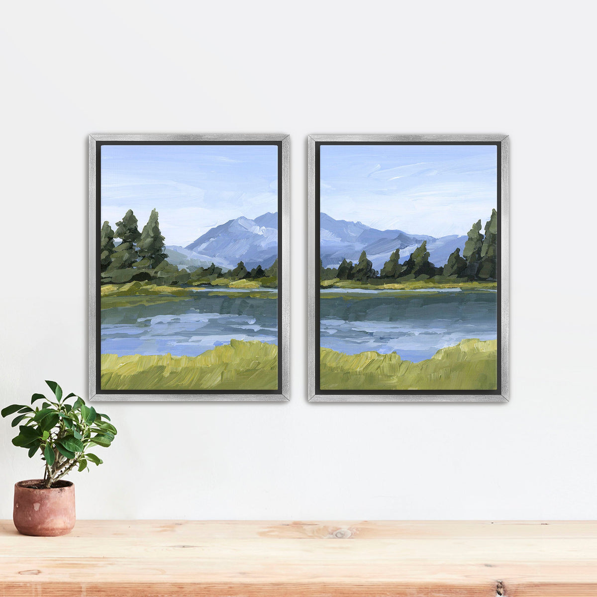 ’Picture Lake’ Diptych Art Print || Set of 2 - Stretched Canvas / 8x10 in / Silver Frame - abstract - Artwork - Grand