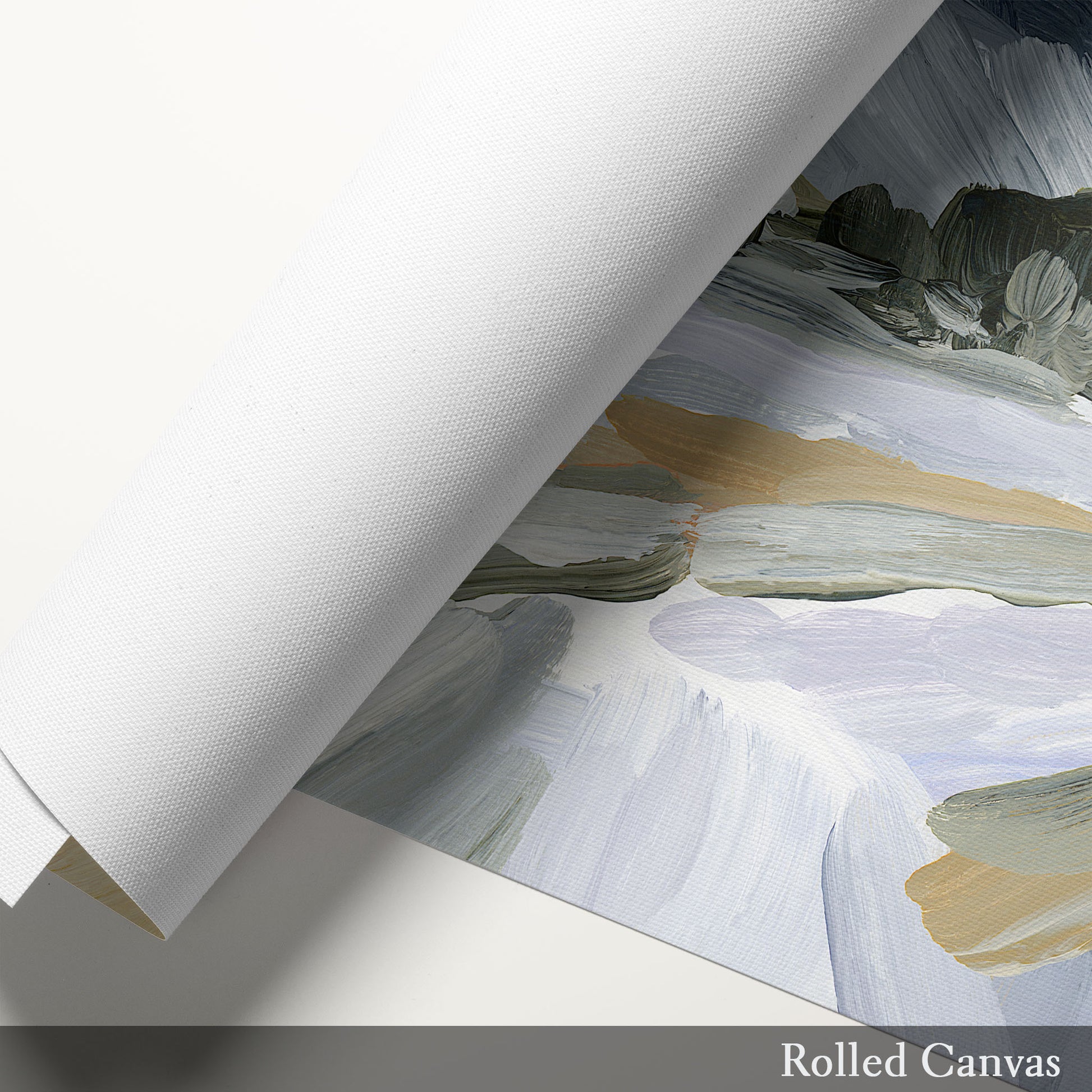 Rolled canvas revealing part of a landscape painting underneath.