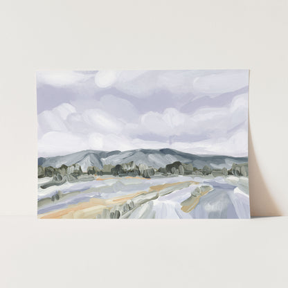 Landscape painting depicting mountains, fields, and a cloudy sky in muted colors.