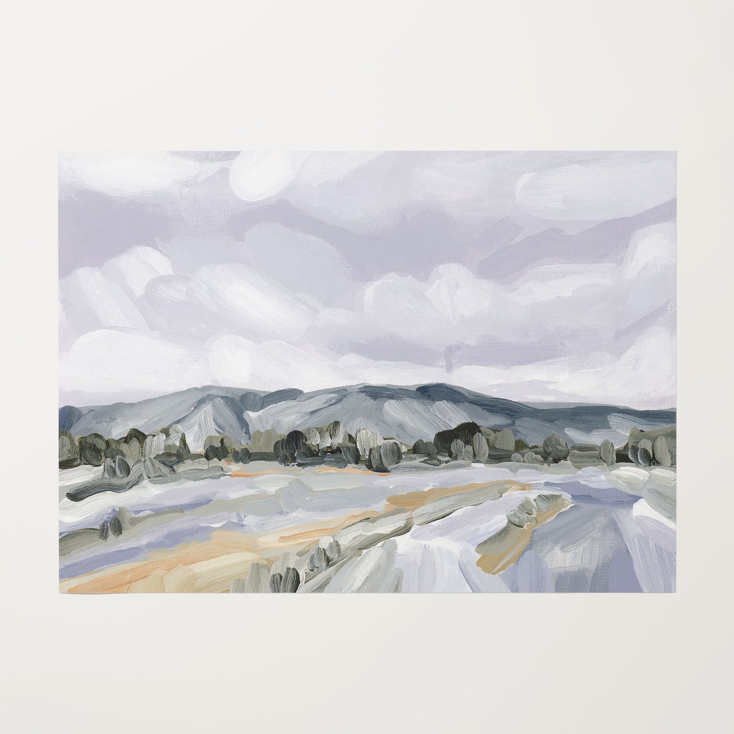 Landscape painting depicting mountains, fields, and cloudy sky in muted colors.