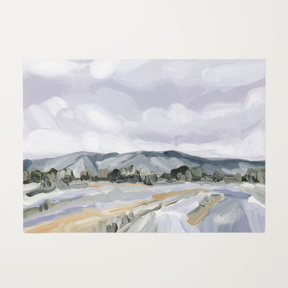 Landscape painting depicting mountains, fields, and cloudy sky in muted colors.