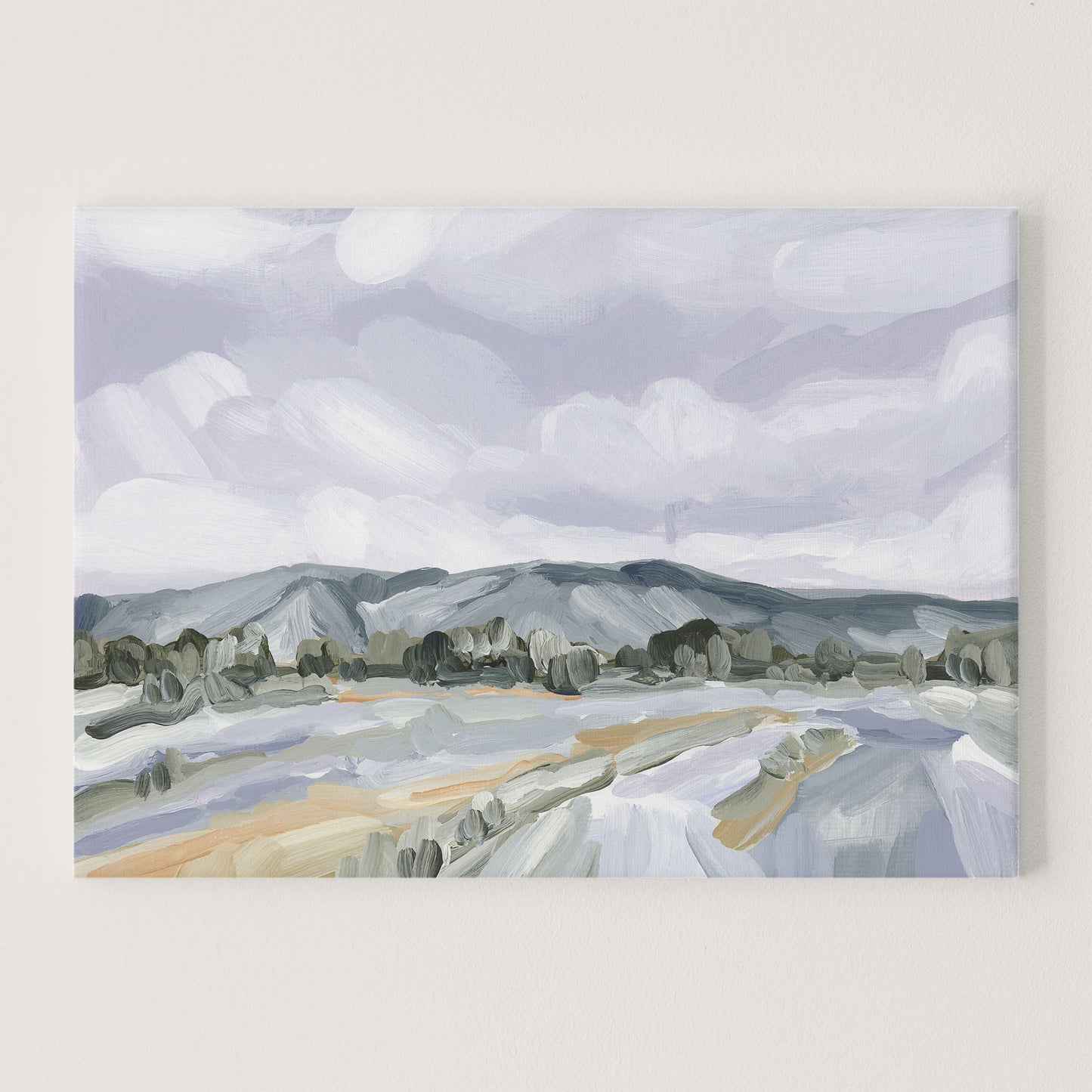 Landscape painting depicting mountains, trees, and a winding river or road in muted colors.