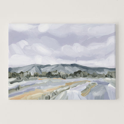 Landscape painting depicting mountains, trees, and a winding river or road in muted colors.