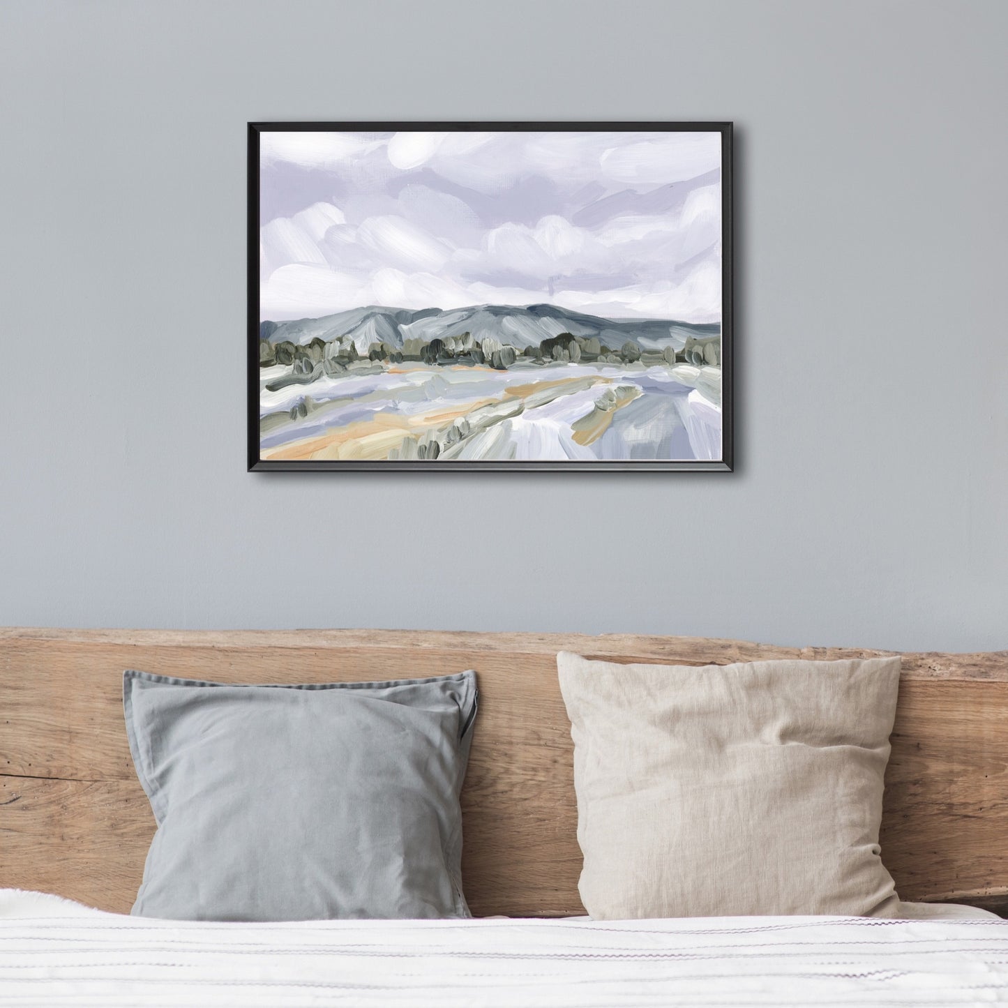 Framed watercolor landscape painting depicting mountains and a winding road.