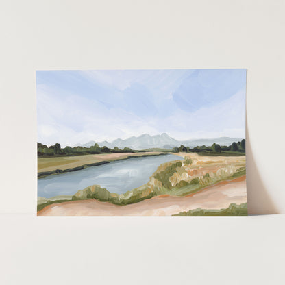 Landscape painting depicting a river winding through fields with distant mountains.