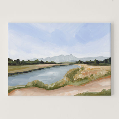 Landscape painting depicting a river flowing through countryside with distant mountains.