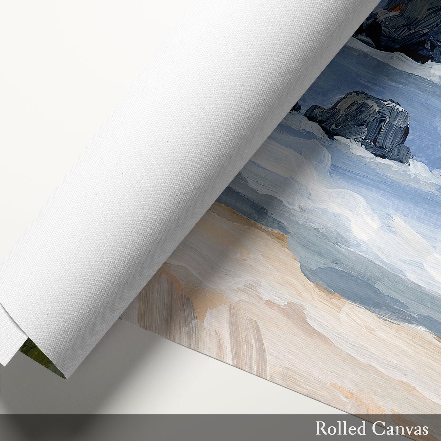 Rolled canvas revealing part of a coastal landscape painting.