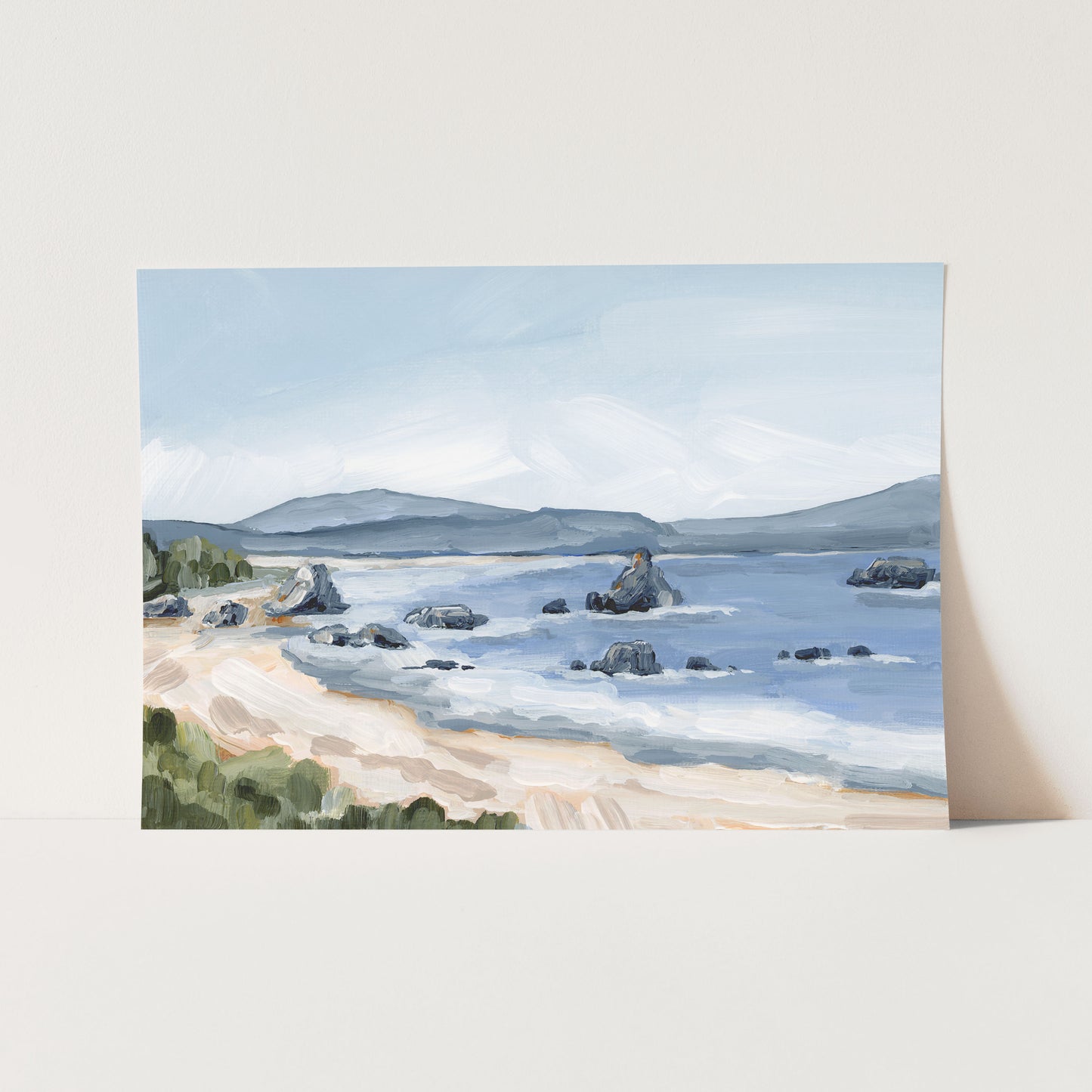 Painting of a coastal landscape with rocky shoreline and distant mountains.