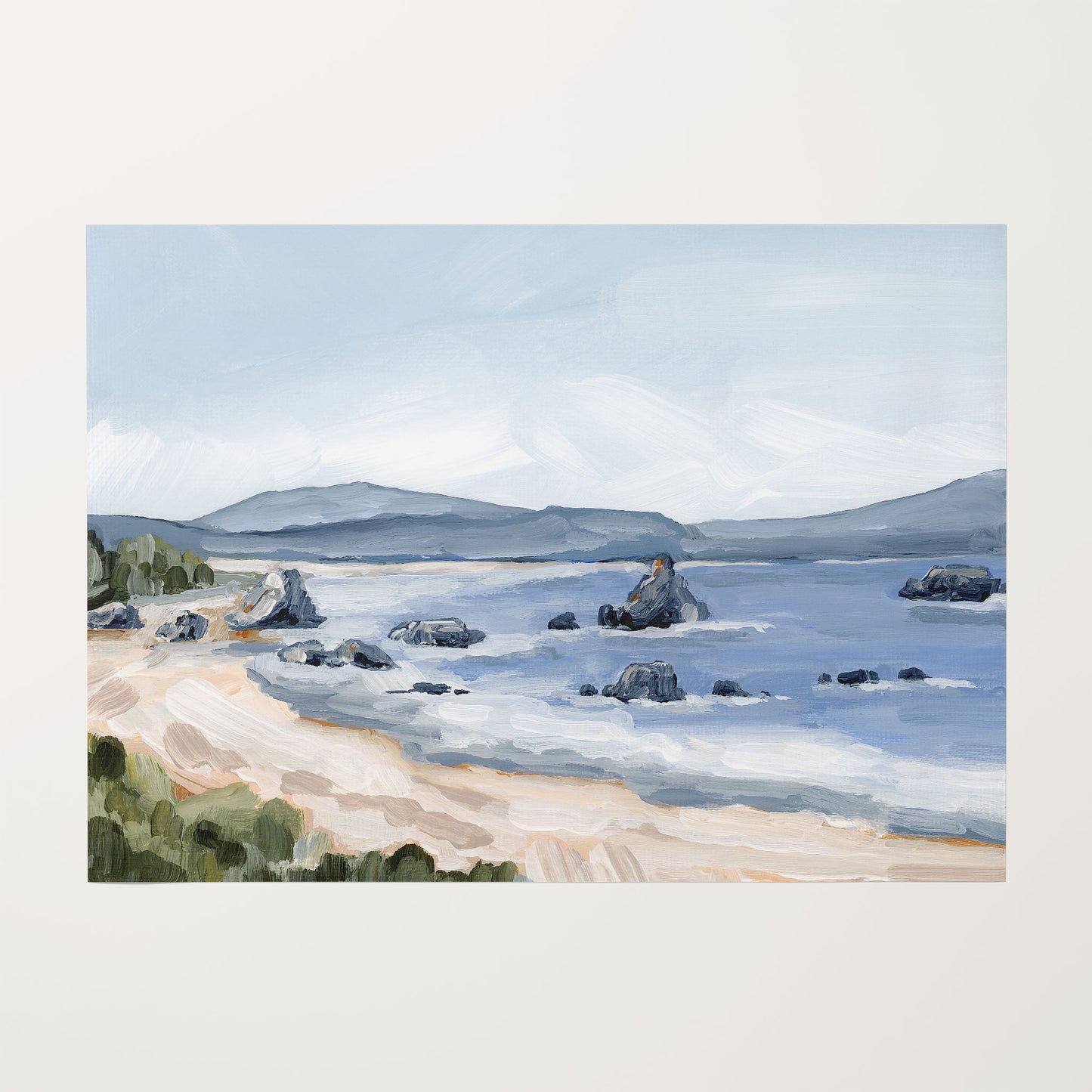 Serene coastal landscape painting featuring a beach with rocky outcrops and distant mountains.