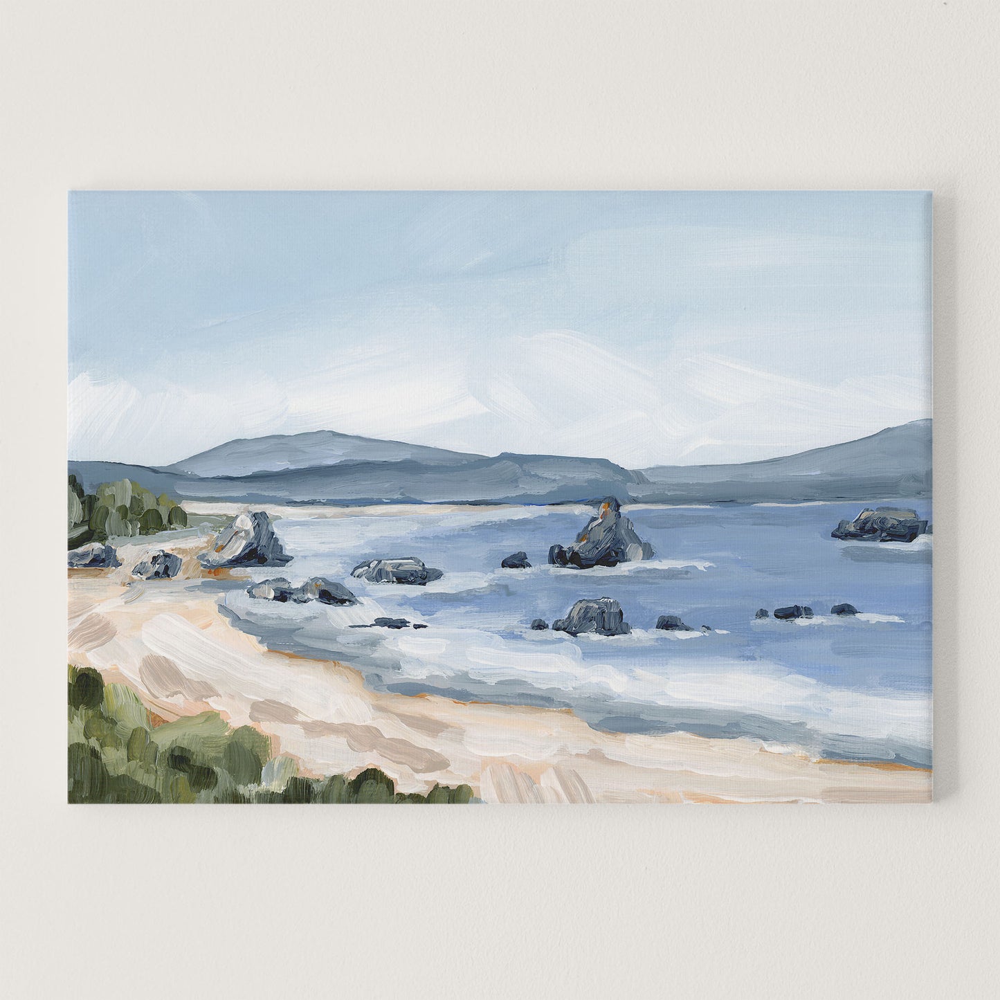 Painting of a coastal seascape with rocky outcroppings and a sandy beach.