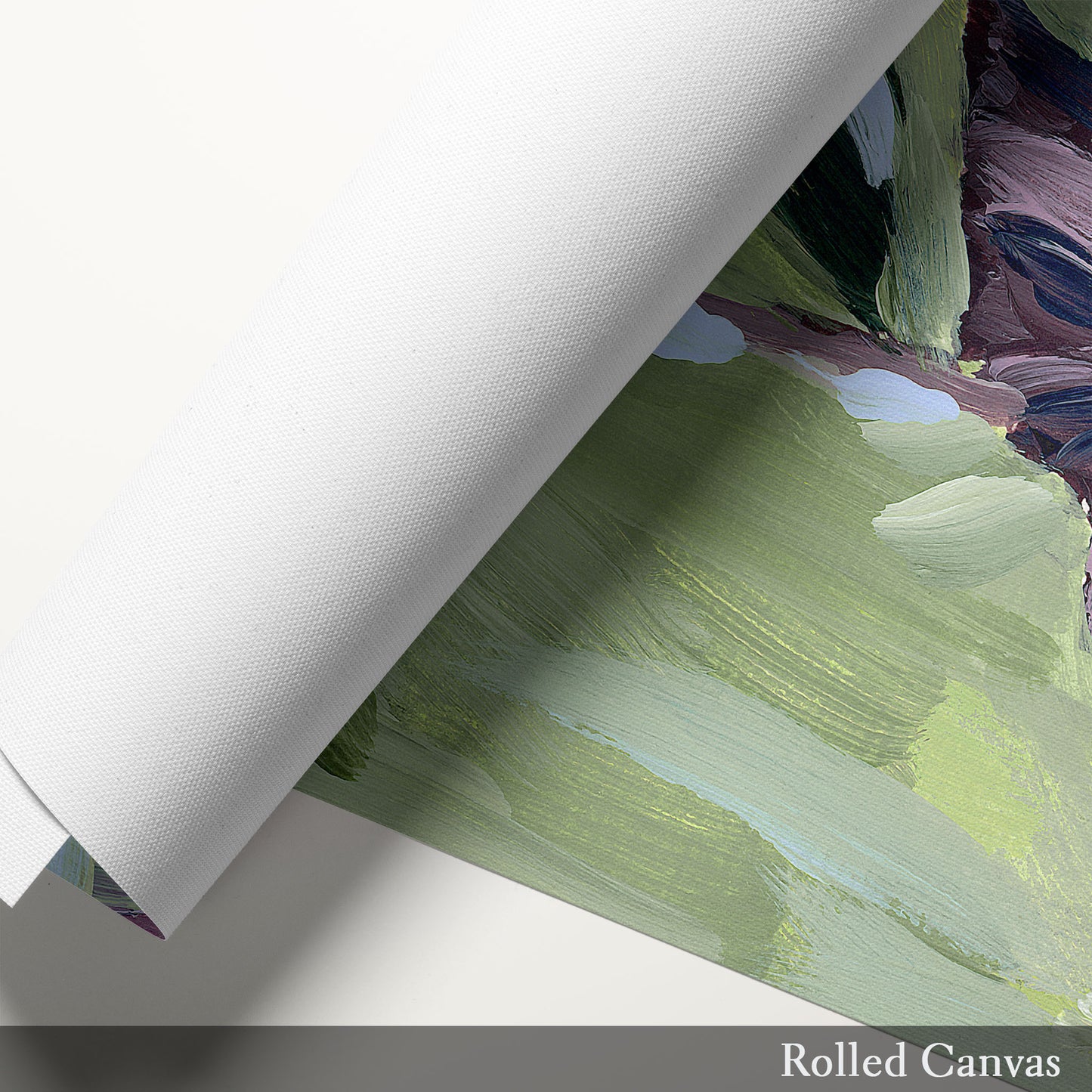 Rolled canvas revealing a portion of a green-toned painting underneath.