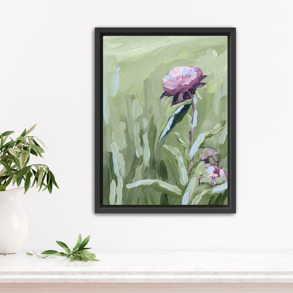 Framed painting of a pink peony flower with green foliage.