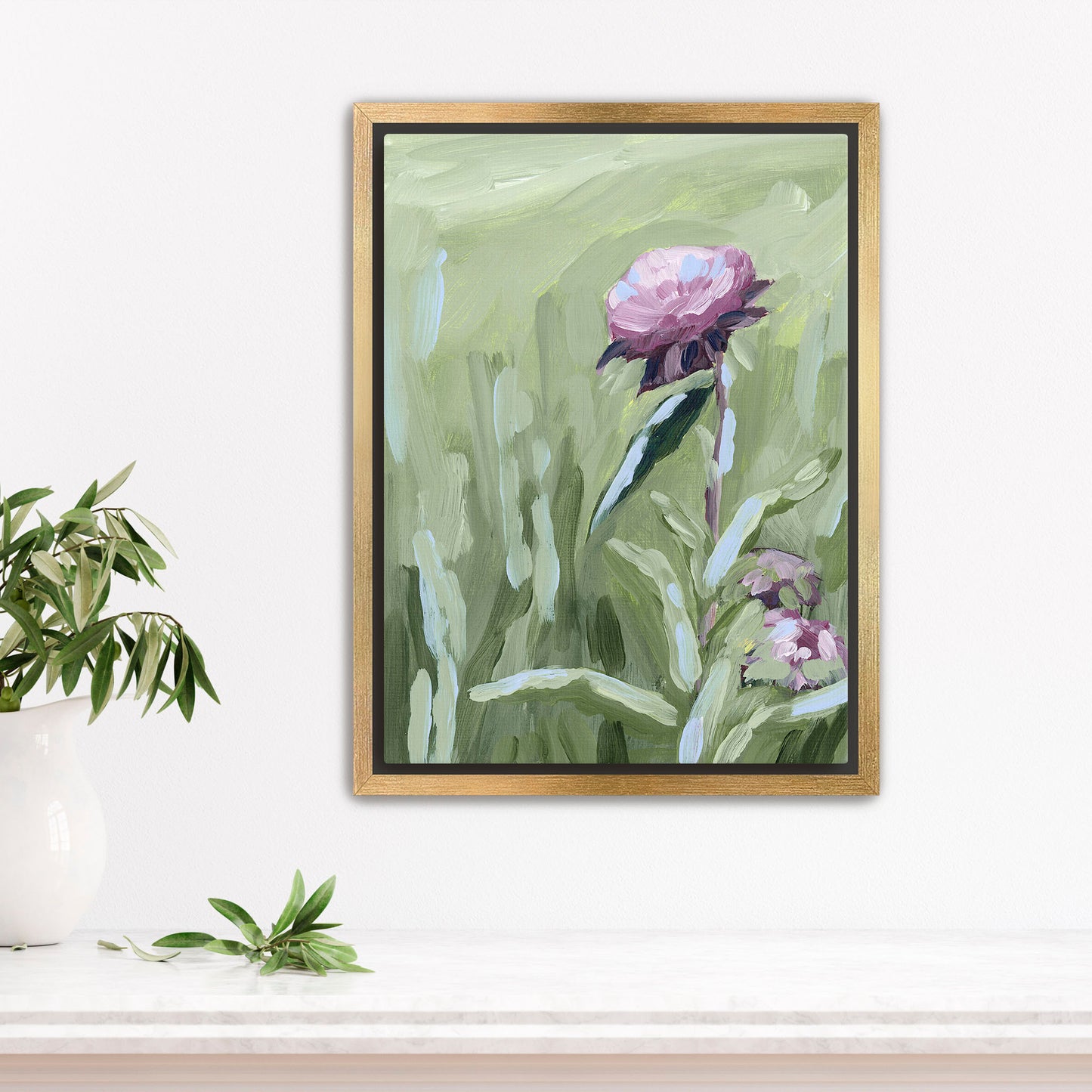 Framed painting of a pink peony flower against a green background.