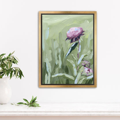 Framed painting of a pink peony flower against a green background.