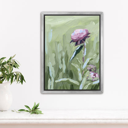 Framed painting of pink peonies with green foliage.