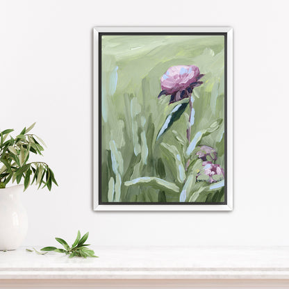 Framed painting of a pink peony flower against a green background.