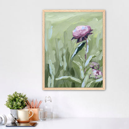 Framed painting of a pink flower with green stems and leaves.