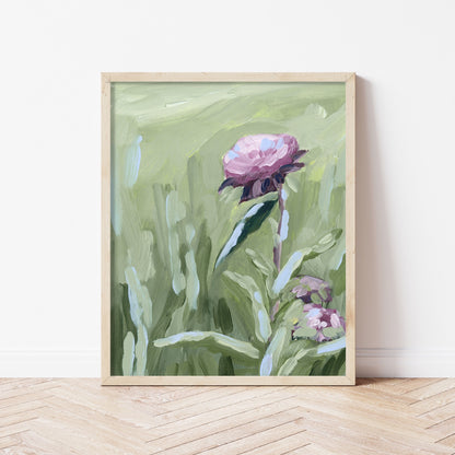 Framed painting of a pink peony flower with green foliage.