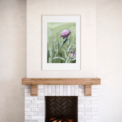 Framed painting of a purple flower against a green background.