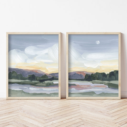 "Moonlit Pond" Diptych Art Print || Set of 2