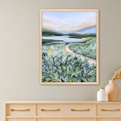 ’Among the Wildflowers’ Art Print - Paper / 5x7 in / Oak Frame - Mountain Landscape Wall - Artwork - botanical