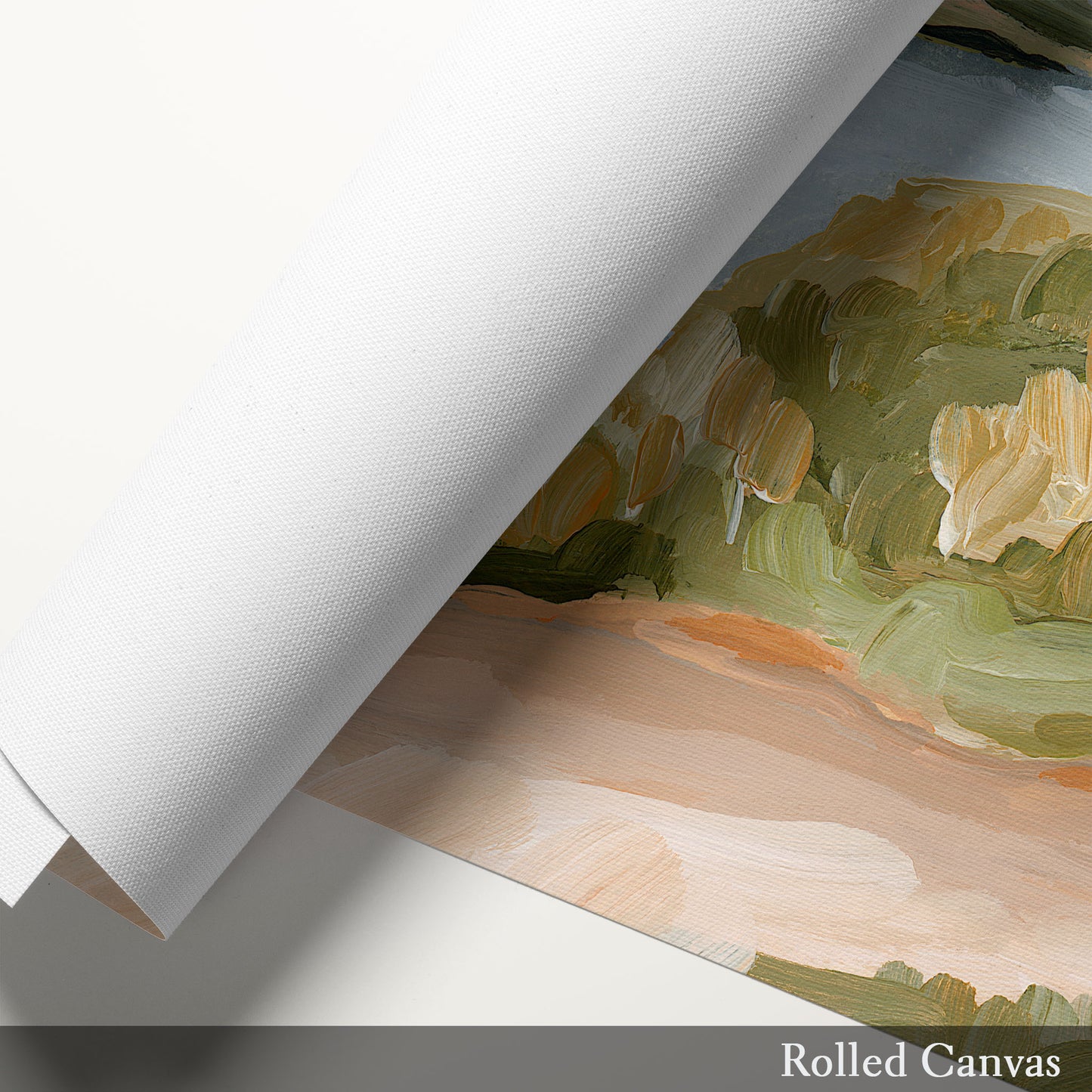 Rolled canvas revealing part of a landscape painting underneath.