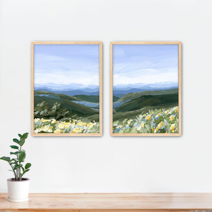 ’Blue Ridge in Bloom’ Diptych Art Print || Set of 2 - Paper / 5x7 / Oak Frame - abstract - Appalachian - appalachian