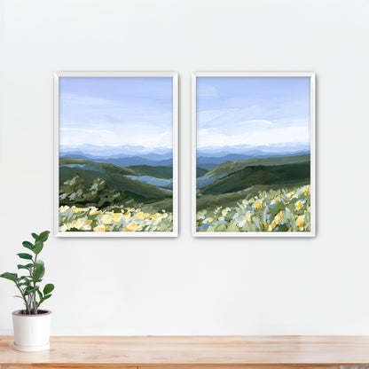 ’Blue Ridge in Bloom’ Diptych Art Print || Set of 2 - Paper / 5x7 / White Frame - abstract - Appalachian - appalachian