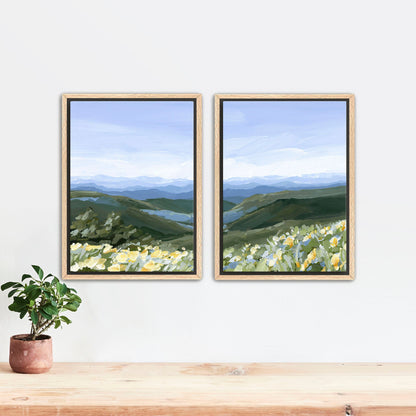 ’Blue Ridge in Bloom’ Diptych Art Print || Set of 2 - Stretched Canvas / 8x10 / Oak Frame - abstract - Appalachian