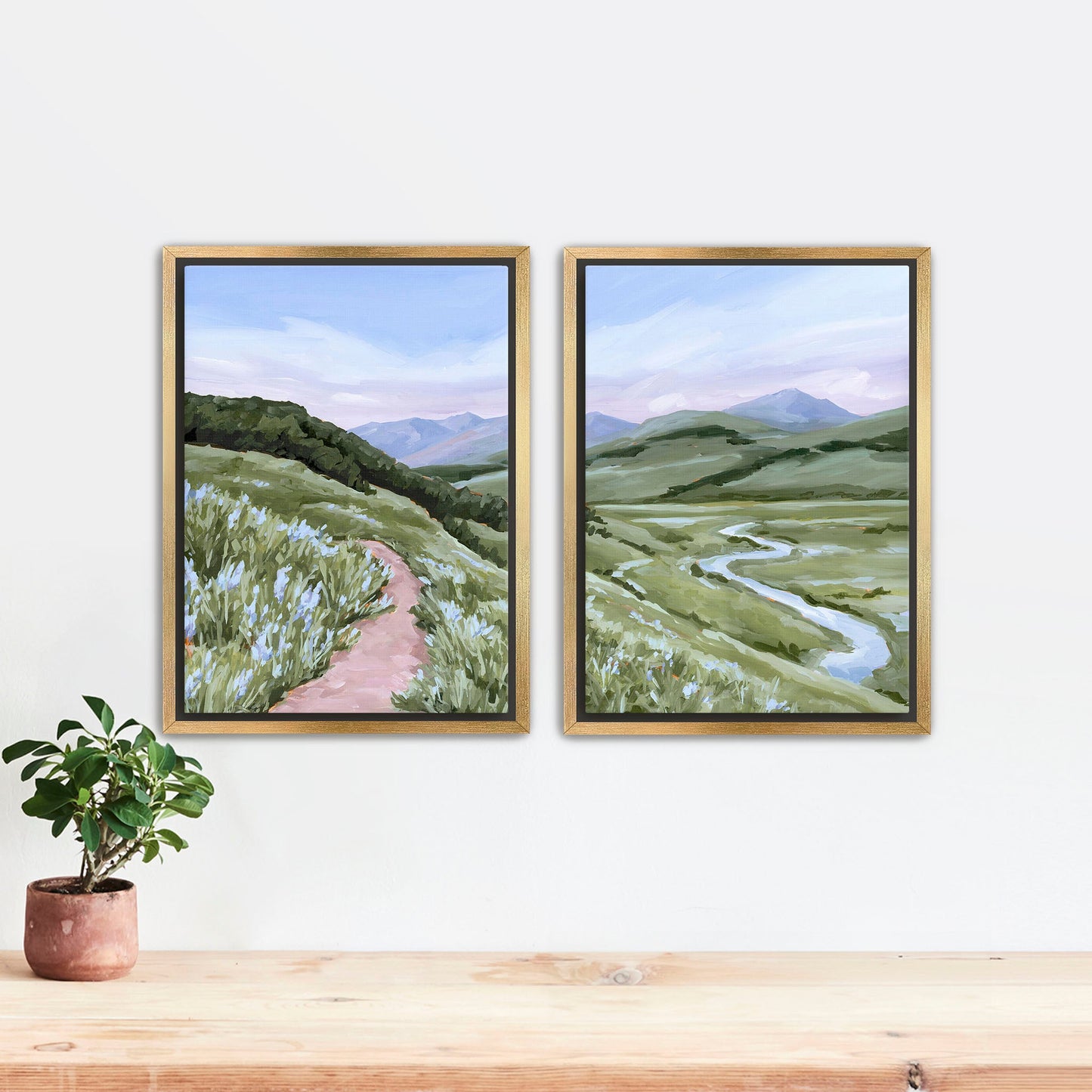 ’Brush Creek’ Diptych Art Print || Set of 2 Stretched Canvas / 8x10 in / Gold Frame abstract Artwork Colorado Crested