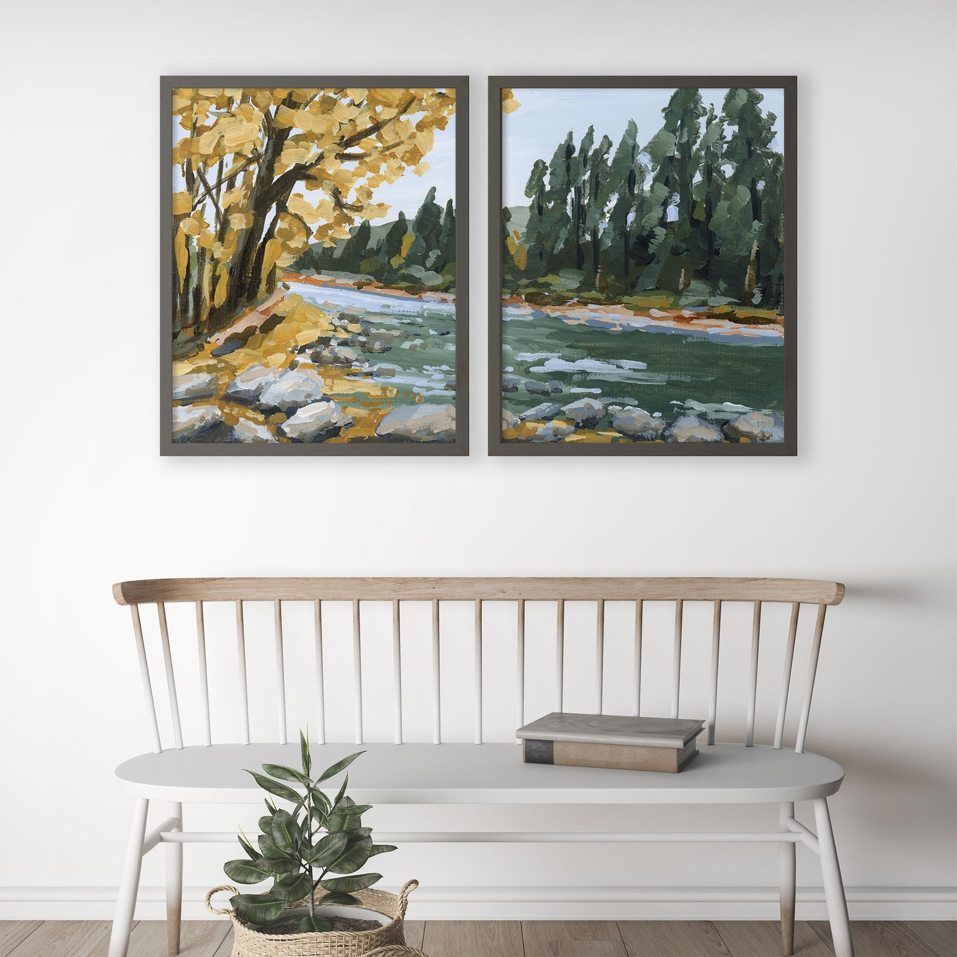 ’Creekside Meandering’ Diptych Art Print || Set of 2 abstract Artwork Autumn Beaver Creek