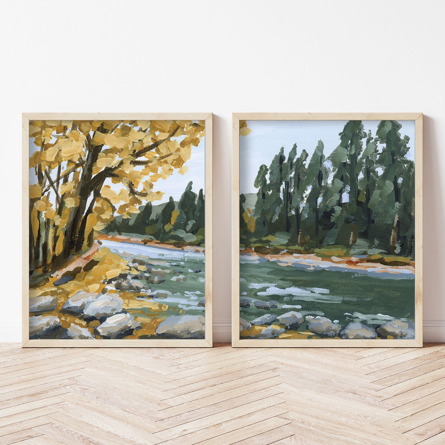 ’Creekside Meandering’ Diptych Art Print || Set of 2 abstract Artwork Autumn Beaver Creek