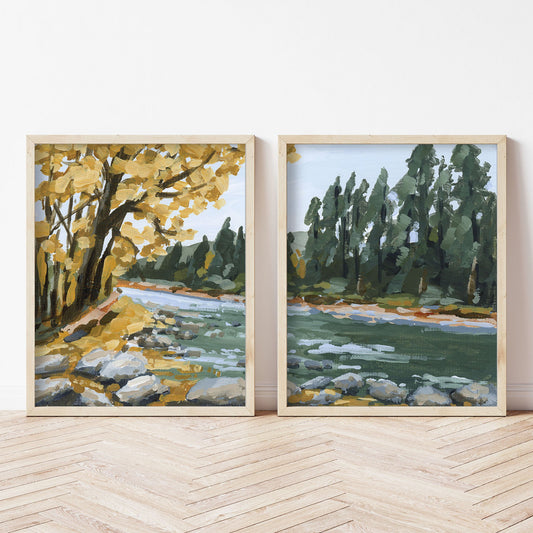’Creekside Meandering’ Diptych Art Print || Set of 2 abstract Artwork Autumn Beaver Creek