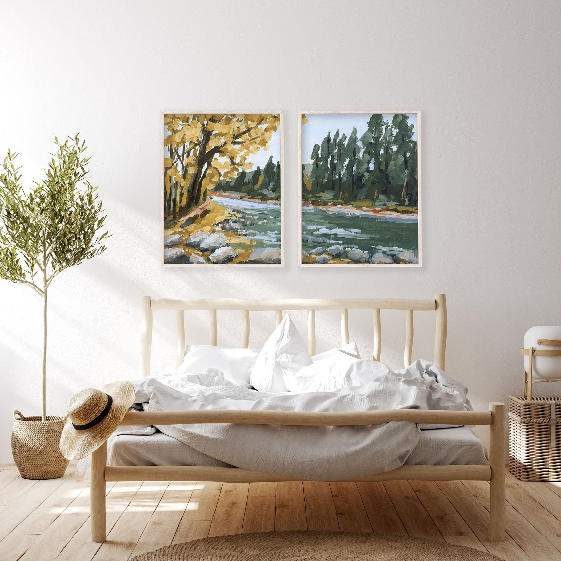 ’Creekside Meandering’ Diptych Art Print || Set of 2 abstract Artwork Autumn Beaver Creek