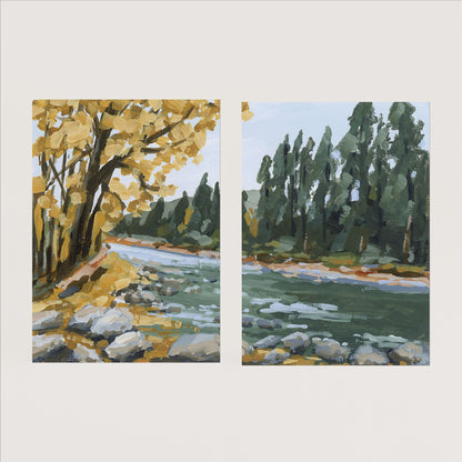 ’Creekside Meandering’ Diptych Art Print || Set of 2 - Paper / 5x7 in / No Frame - abstract - Artwork - Autumn - Beaver