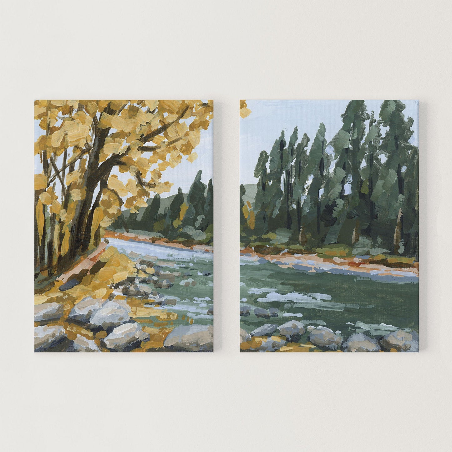 ’Creekside Meandering’ Diptych Art Print || Set of 2 Stretched Canvas / 8x10 in / No Frame abstract Artwork Autumn