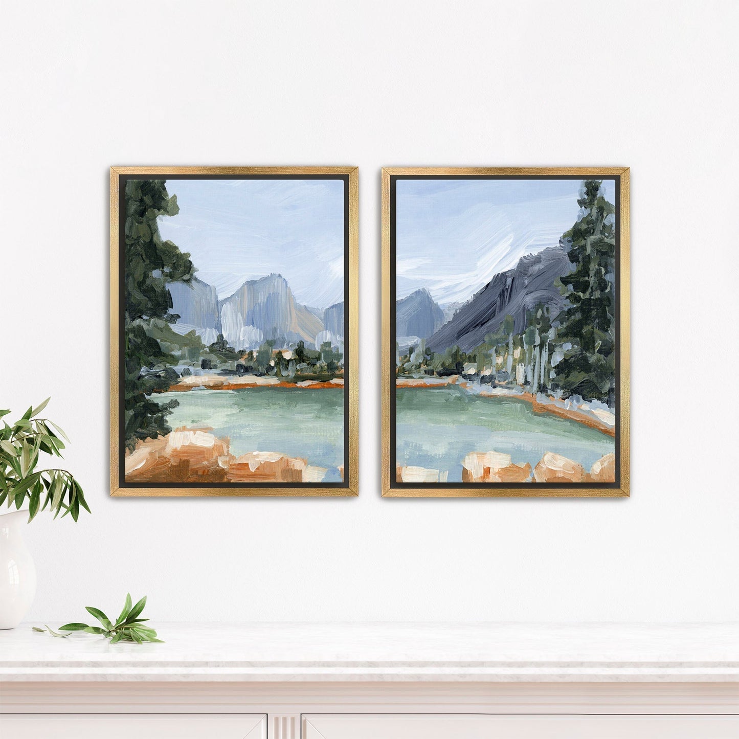 ’Delta Lake’ Diptych Art Print || Set of 2 - Stretched Canvas / 8x10 in / Gold Frame - abstract - Artwork - Fall