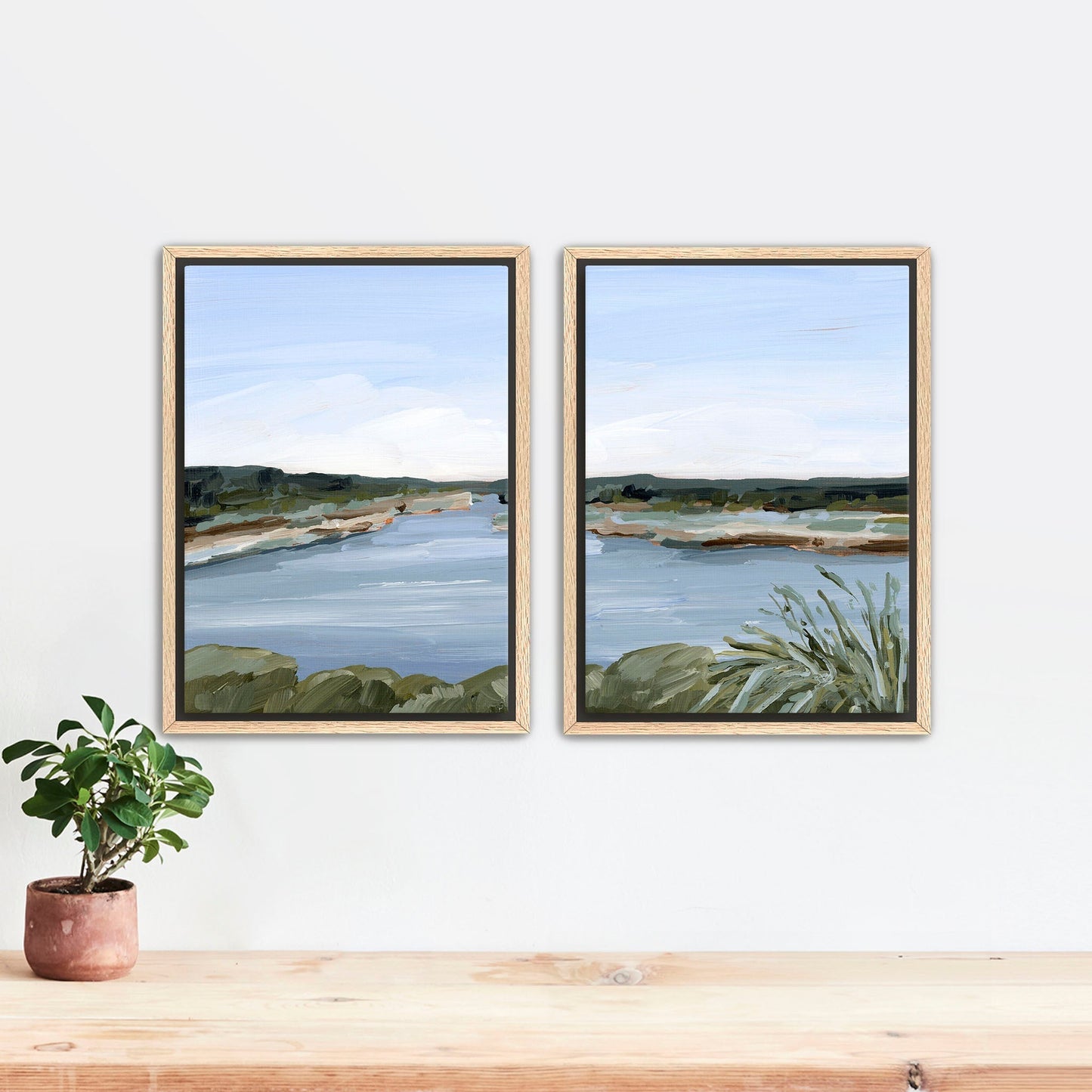 ’Dreaming of the Lake’ Diptych Art Print || Set 2 - Stretched Canvas / 8x10 in / Oak Frame - abstract - Artwork - Lake