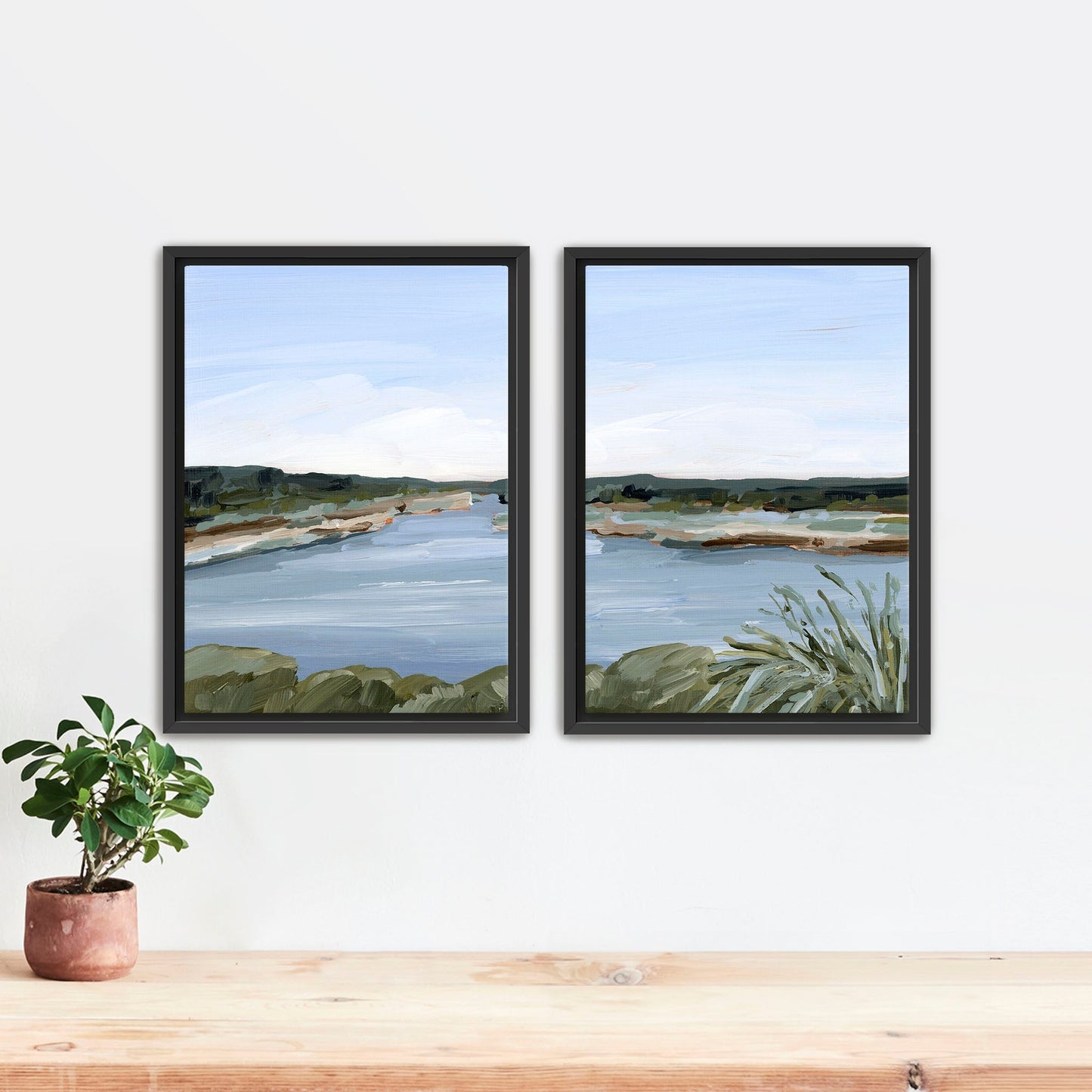 ’Dreaming of the Lake’ Diptych Art Print || Set 2 - Stretched Canvas / 8x10 in / Black Frame - abstract - Artwork - Lake