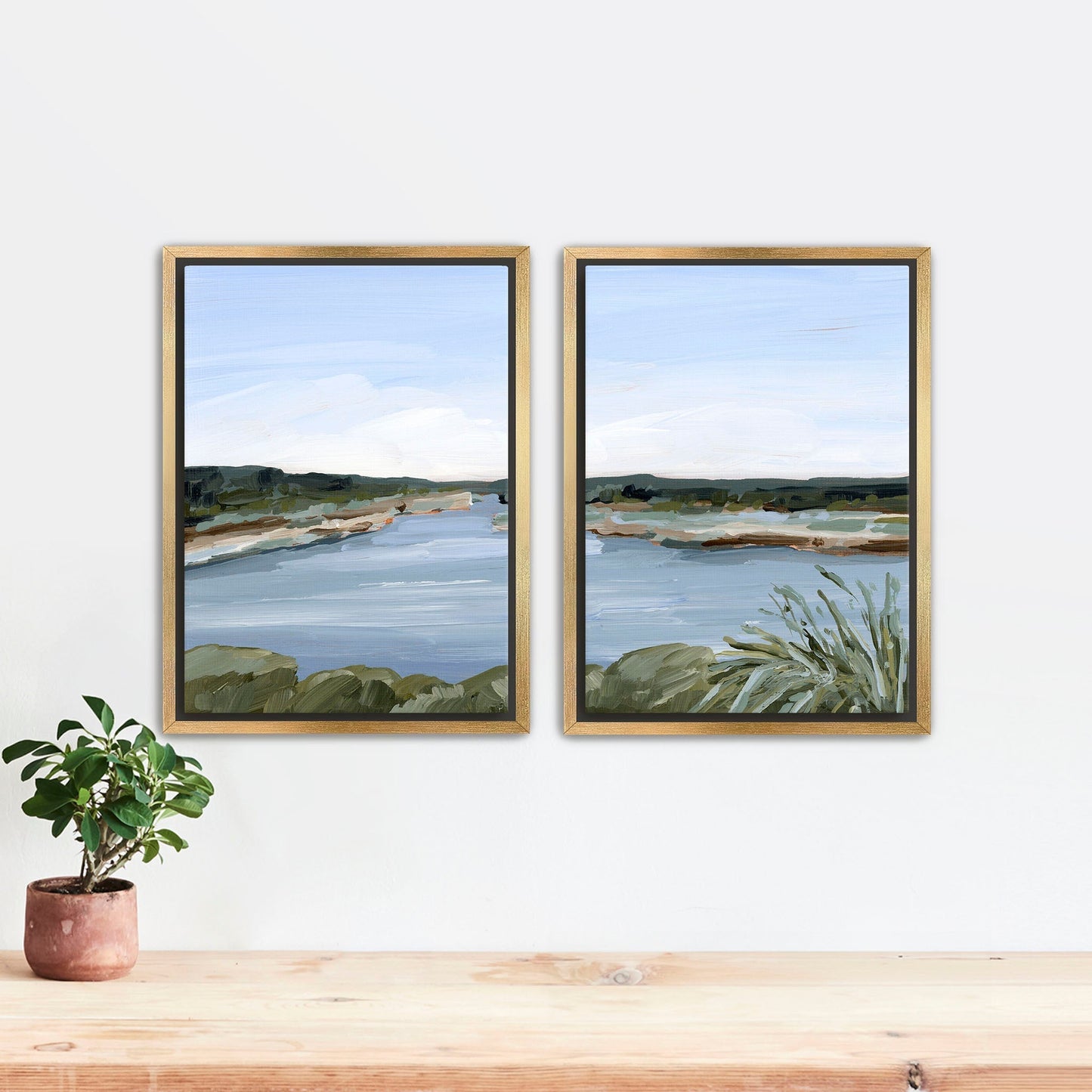 ’Dreaming of the Lake’ Diptych Art Print || Set 2 - Stretched Canvas / 8x10 in / Gold Frame - abstract - Artwork - Lake