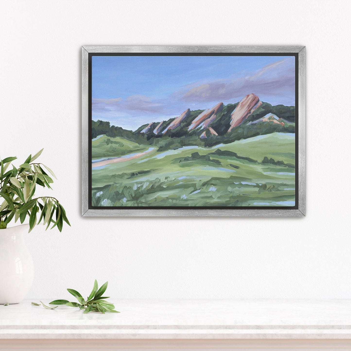 ’Evening at the Flatirons’ Art Print - Stretched Canvas / 8x10 in / Silver Frame - Boulder Landscape - Artwork