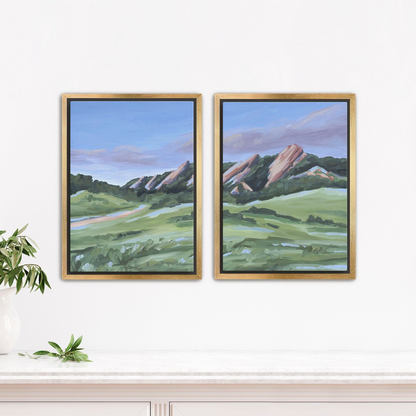 ’Evening at the Flatirons’ Diptych Art Print || Set of 2 - Stretched Canvas / 8x10 in / Gold Frame - abstract