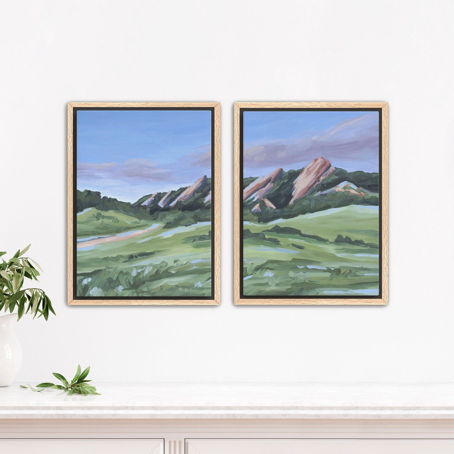 ’Evening at the Flatirons’ Diptych Art Print || Set of 2 - Stretched Canvas / 8x10 in / Oak Frame - abstract