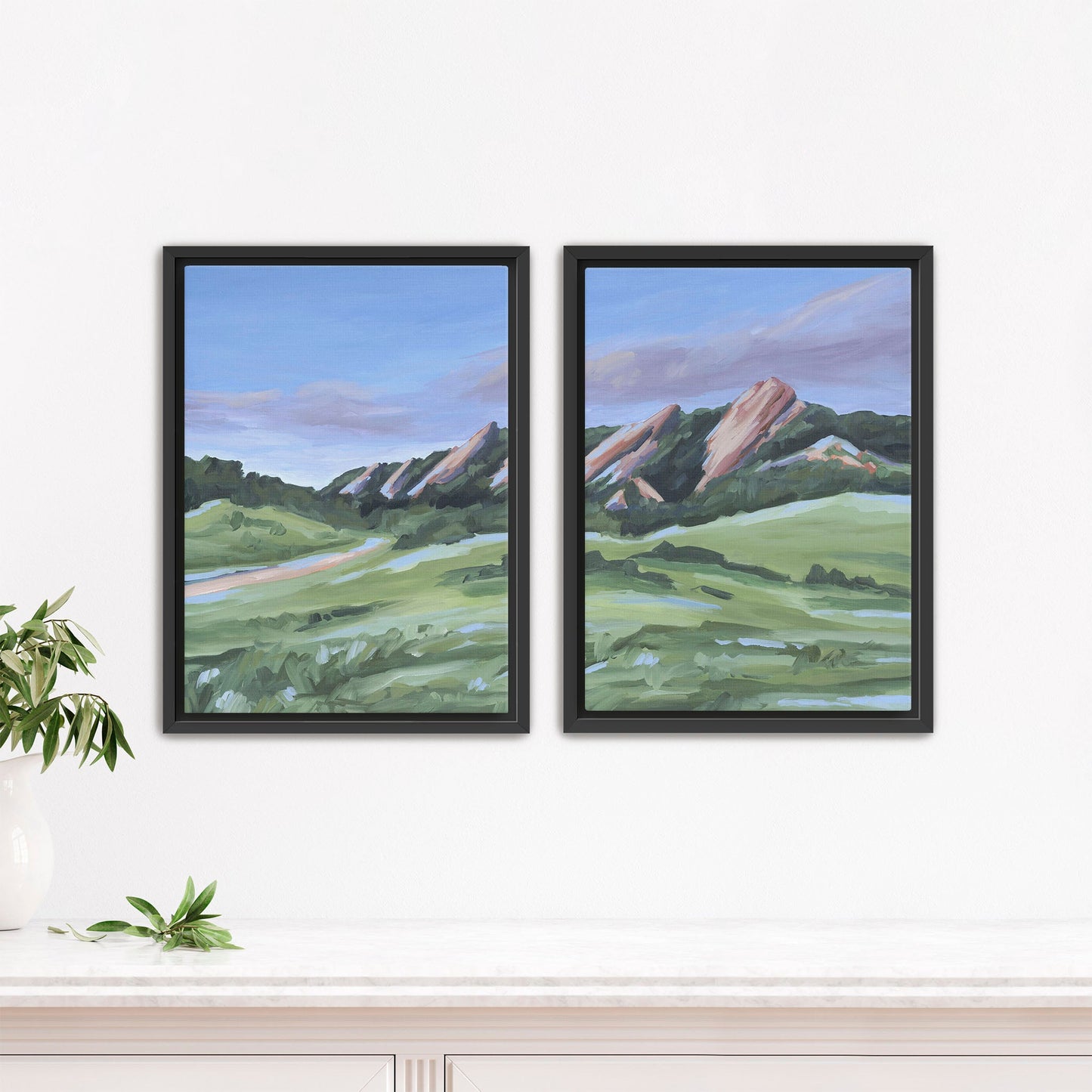 ’Evening at the Flatirons’ Diptych Art Print || Set of 2 - Stretched Canvas / 8x10 in / Black Frame - abstract