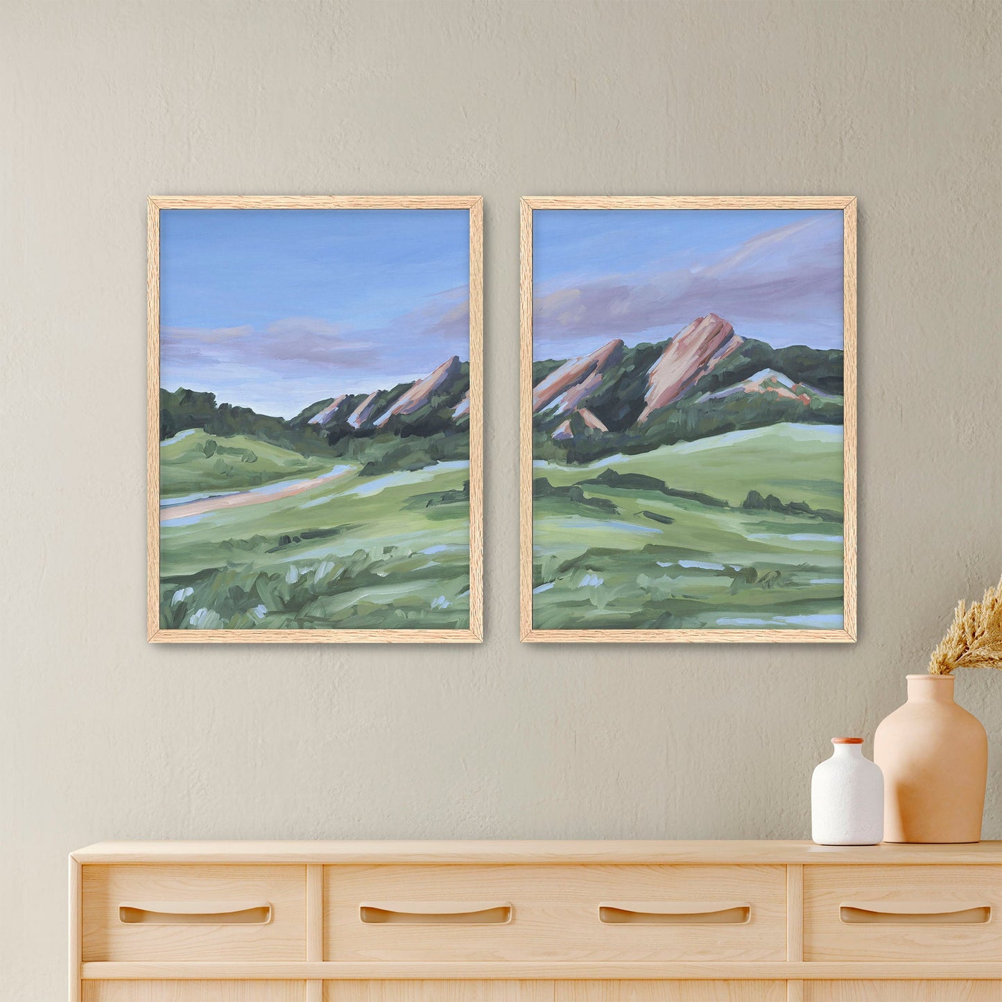 ’Evening at the Flatirons’ Diptych Art Print || Set of 2 - Paper / 5x7 in / Oak Frame - abstract - Artwork