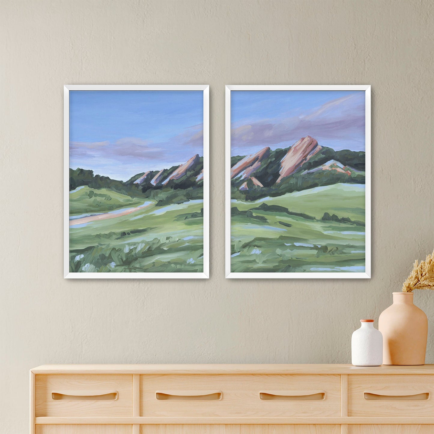 ’Evening at the Flatirons’ Diptych Art Print || Set of 2 - Paper / 5x7 in / White Frame - abstract - Artwork