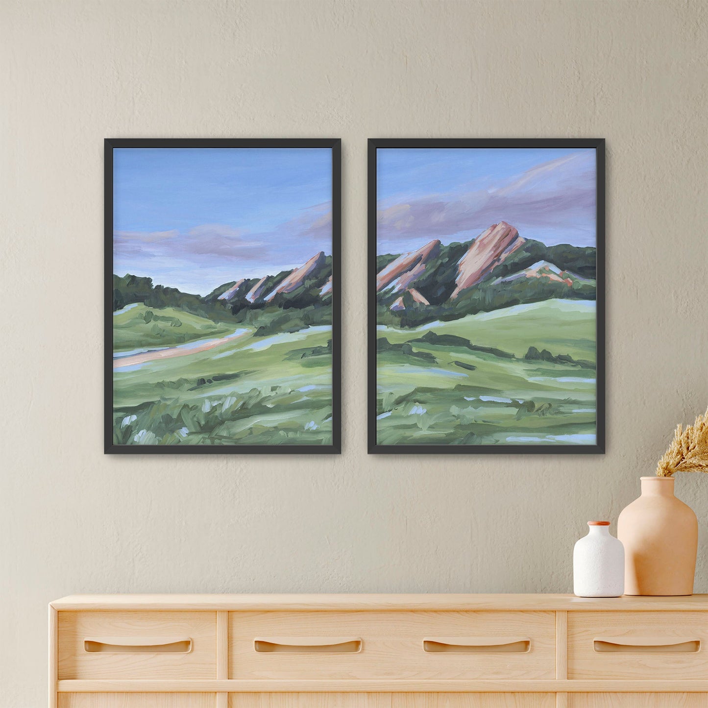 ’Evening at the Flatirons’ Diptych Art Print || Set of 2 - Paper / 5x7 in / Black Frame - abstract - Artwork