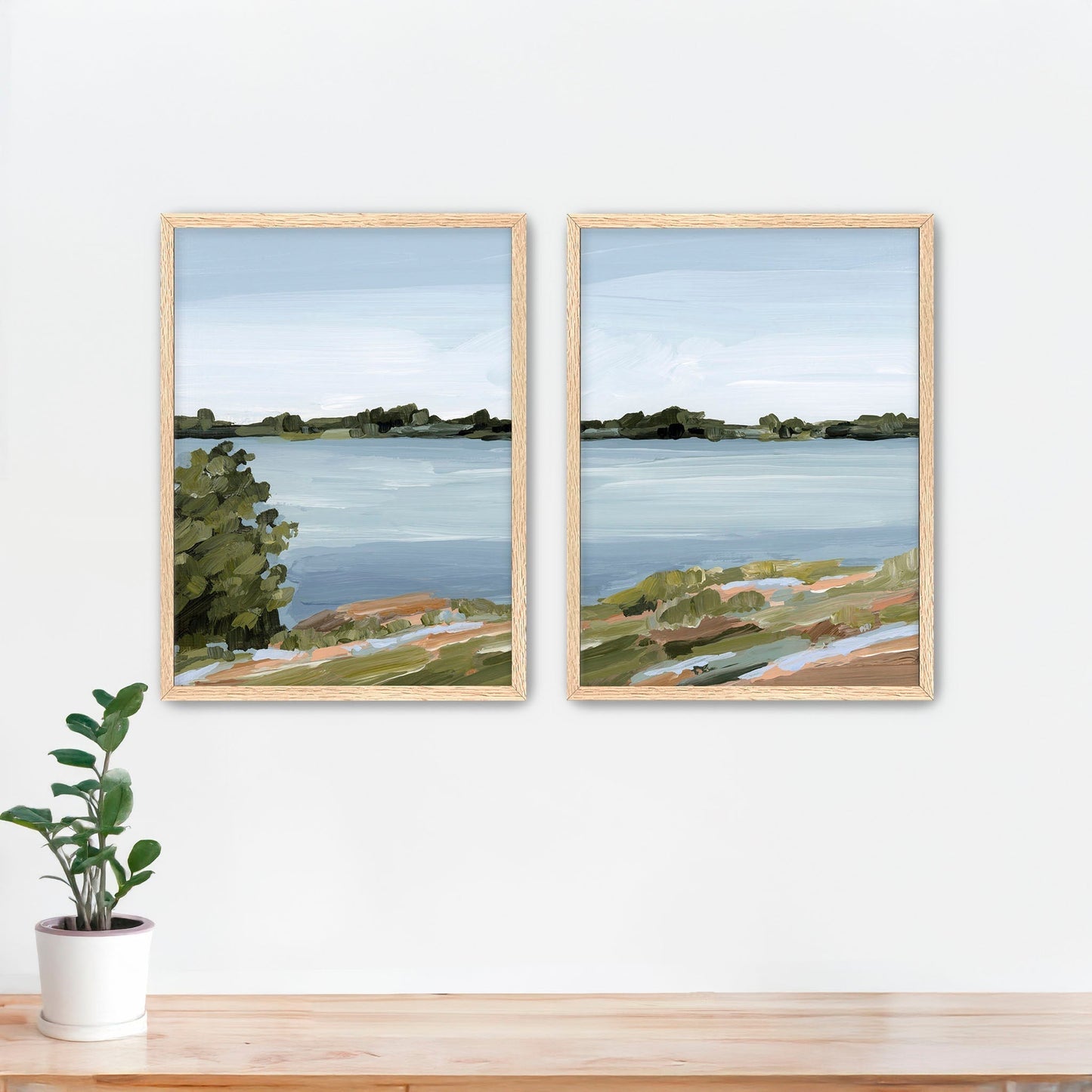 ’Family Lakehouse’ Diptych Art Print || Set of 2 - Paper / 5x7 in / Oak Frame - abstract - Artwork - Lake