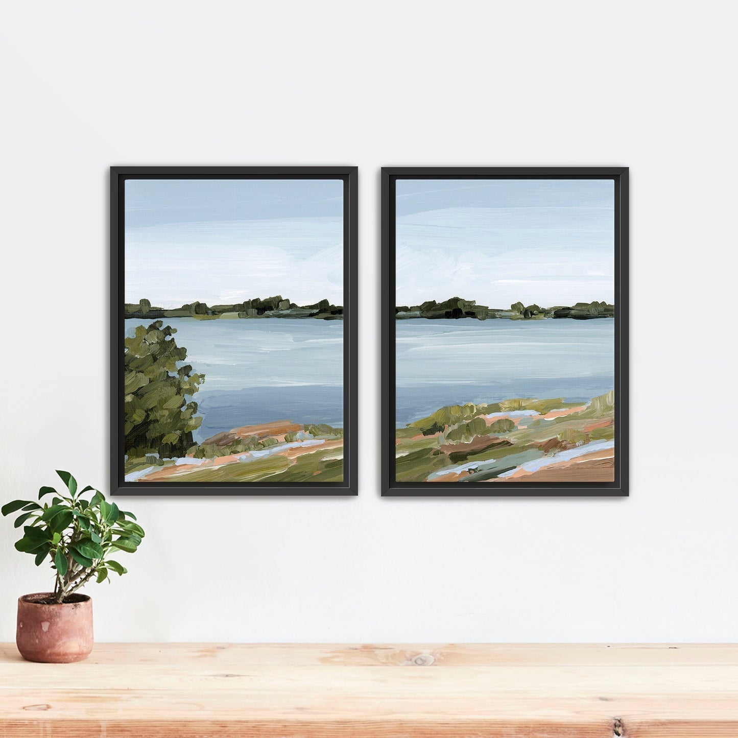 ’Family Lakehouse’ Diptych Art Print || Set of 2 - Stretched Canvas / 8x10 in / Black Frame - abstract - Artwork - Lake